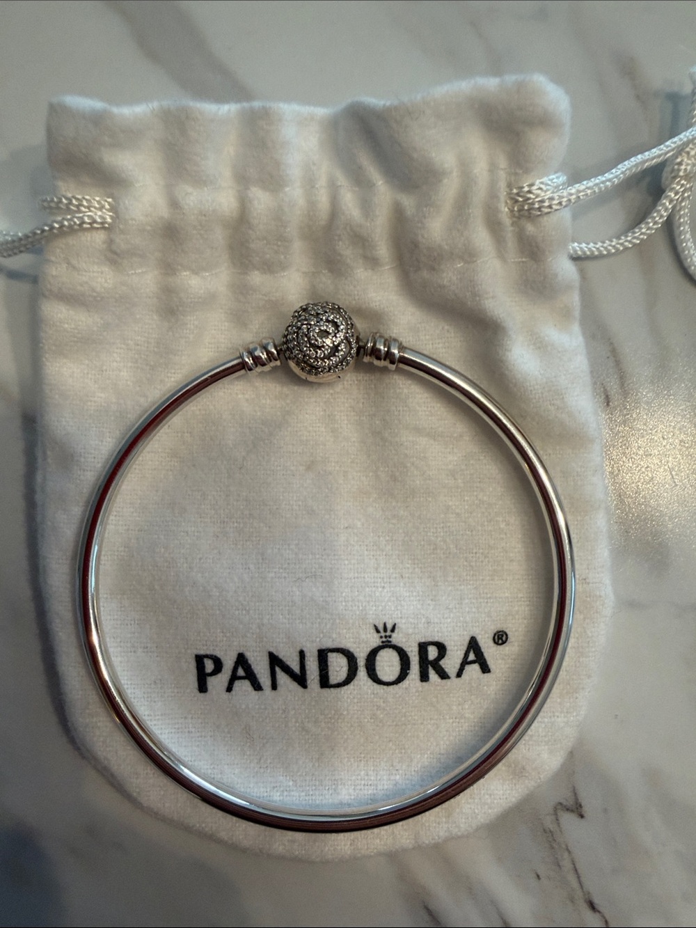 Pandora Silver Pave Ball Clasp Bangle - Silver